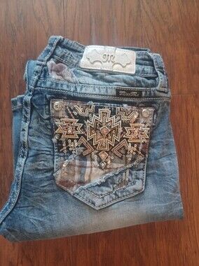 🩷🩶🤍MISS ME PLAID LEATHER SEQUIN BOOTCUT JEANS Size 29x34